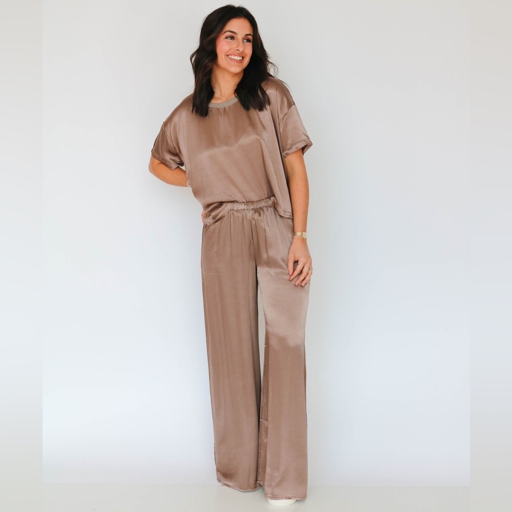 Pj Harlow Bertie Satin Two-Piece Lounge Set in Brown Taupe